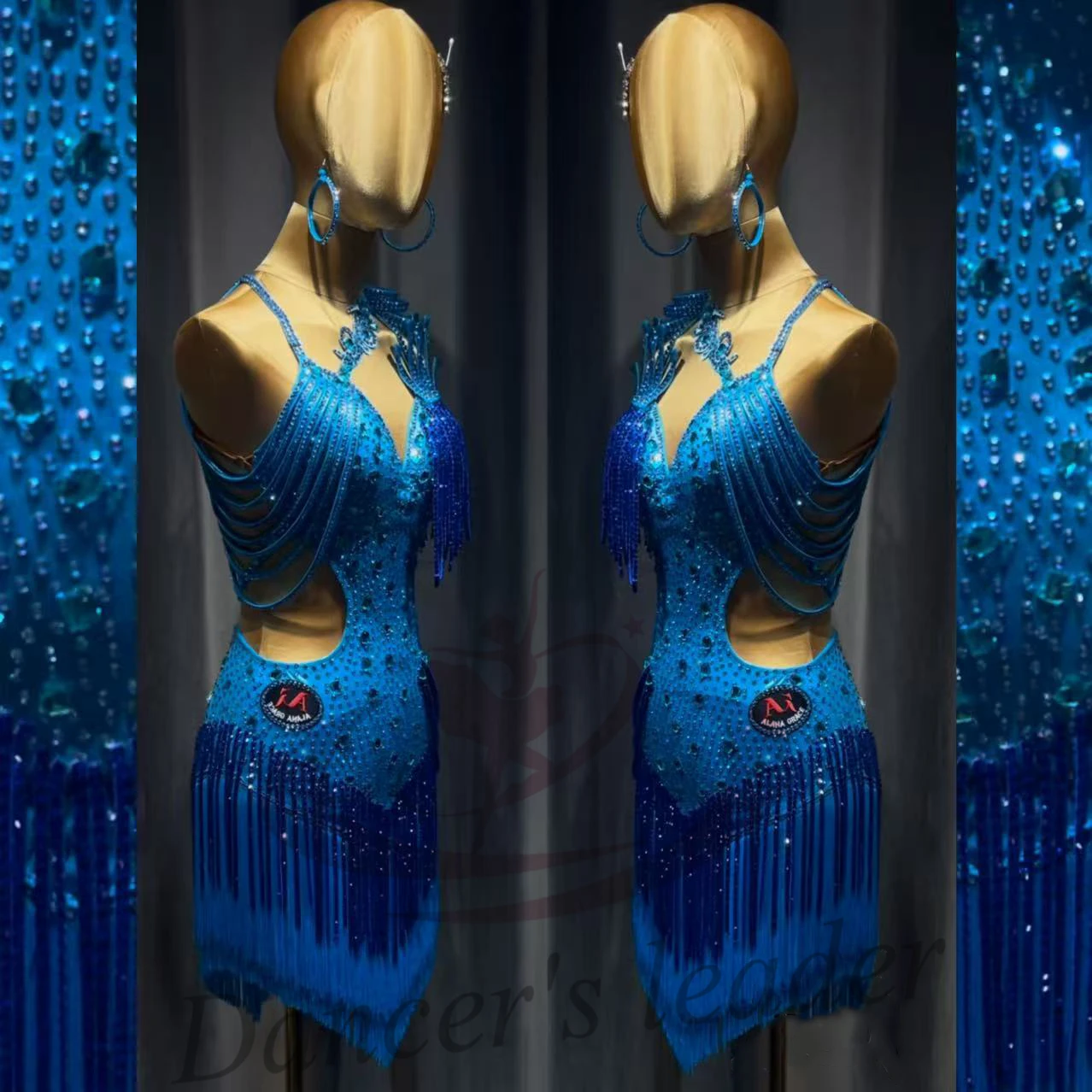 Dança latina adulto crianças vestido ab pedra high-end onda personalizada luz lago azul cheio de diamante vestido cha tango roupas femininas
