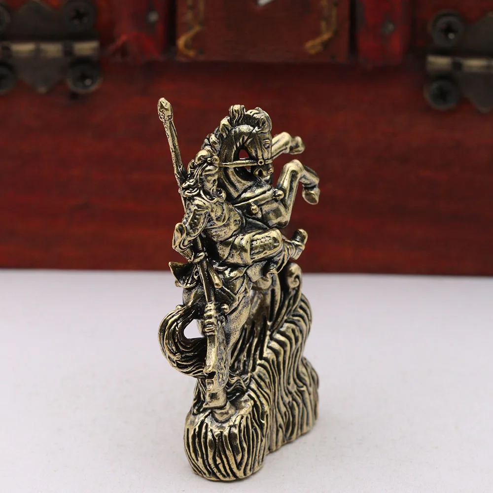 Brass Guan Gong Riding Horse Small Statue Retro Chinese God of Wealth Characters Figurines Desktop Ornaments Decorations Crafts