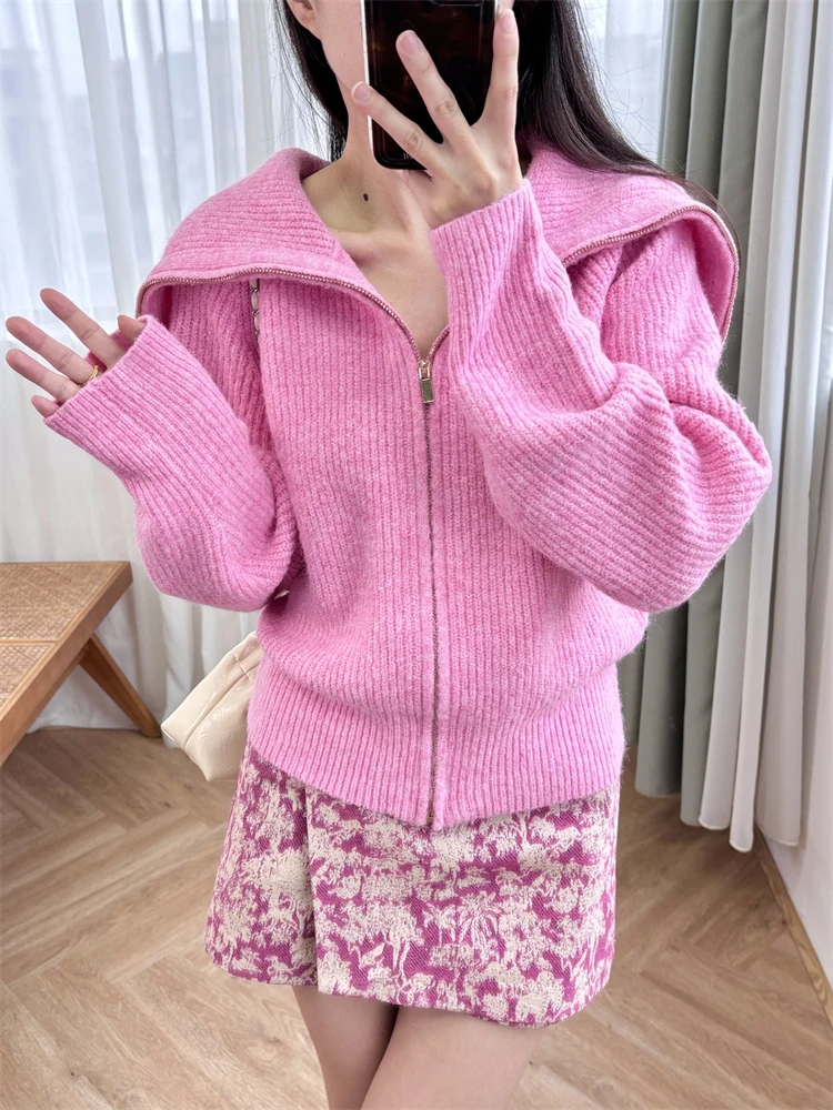 Sweater Woman 2024 Luxury Brand floral sweater Dopamine Pink Cardigan Navy Neck Loose Knit M Home 2024 Early Autumn New Sweater