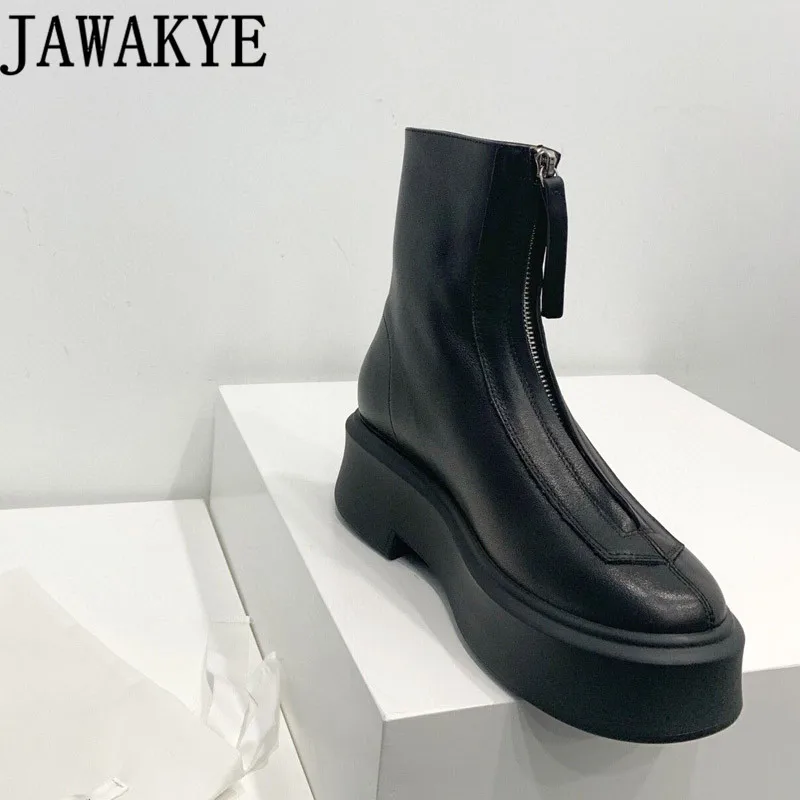 Hot Winter Round Toe Rubber Sole Motocrycle Boots Real Leather Ankle Boots Front Zip Design Simple Boots for Women Botas mujer