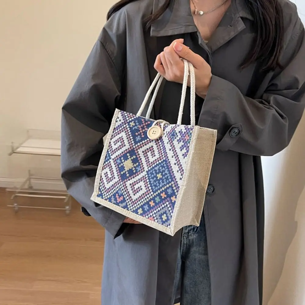 

Модная сумка-тоут из льняной ткани с этнической вышивкой, большая вместимость, портативная, для обедов и пикников