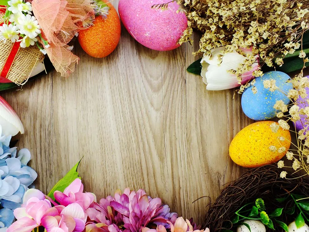 Tablones de madera con temática de Pascua, fondos con textura, huevos de Color, patrón Floral, Chocolate, conejo, tulipán, decoración fotográfica