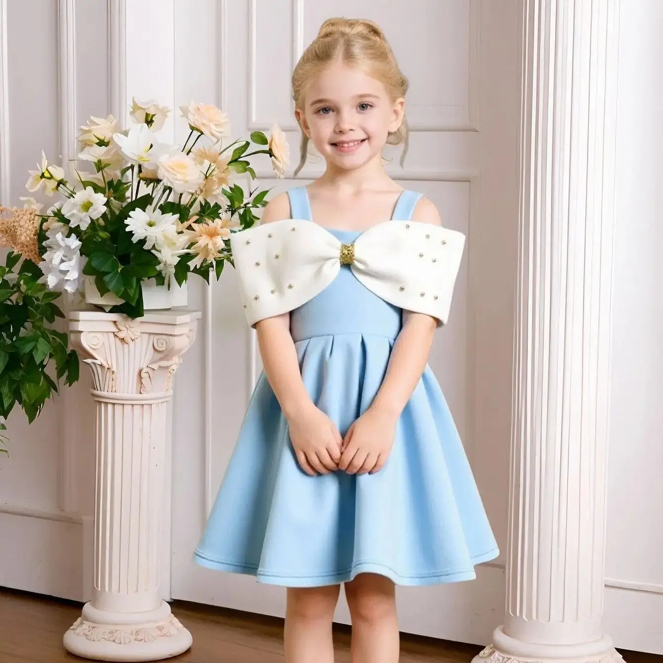 ชุดเดรสเจ้าหญิงประดับลูกปัดผูกโบว์น่ารักสำหรับเด็ก งานวันเกิด งานแต่งงาน พิธีศีลมหาสนิทครั้งแรก คริสต์มาส ปีใหม่ งานประกวด