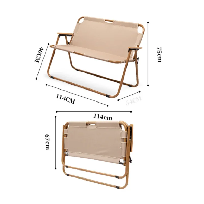 Sedia pieghevole doppia in lega di alluminio con venature del legno Sedia pieghevole portatile da esterno Sedia da spiaggia doppia per picnic da campeggio per il tempo libero