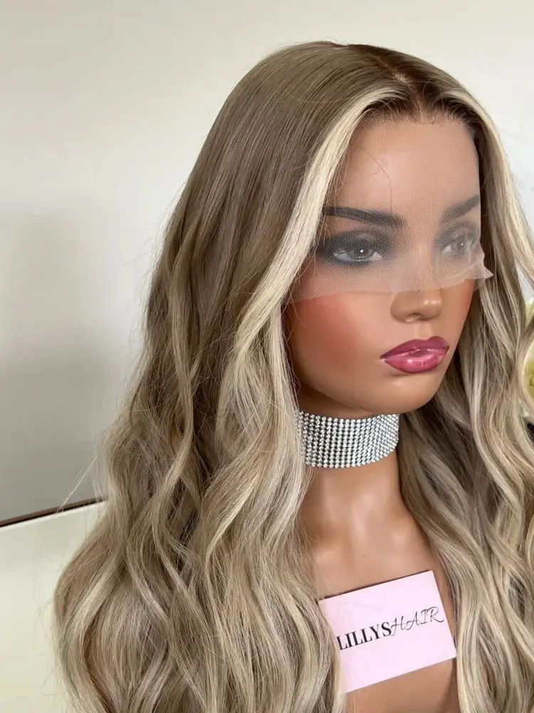 شعر فاخر طويل الطول موجة عميقة غلويليس الباروكات الشعر الاصطناعية تسليط الضوء على العسل شقراء الجبهة الدانتيل الباروكات المستخدمة يوميا قسط الألياف #3