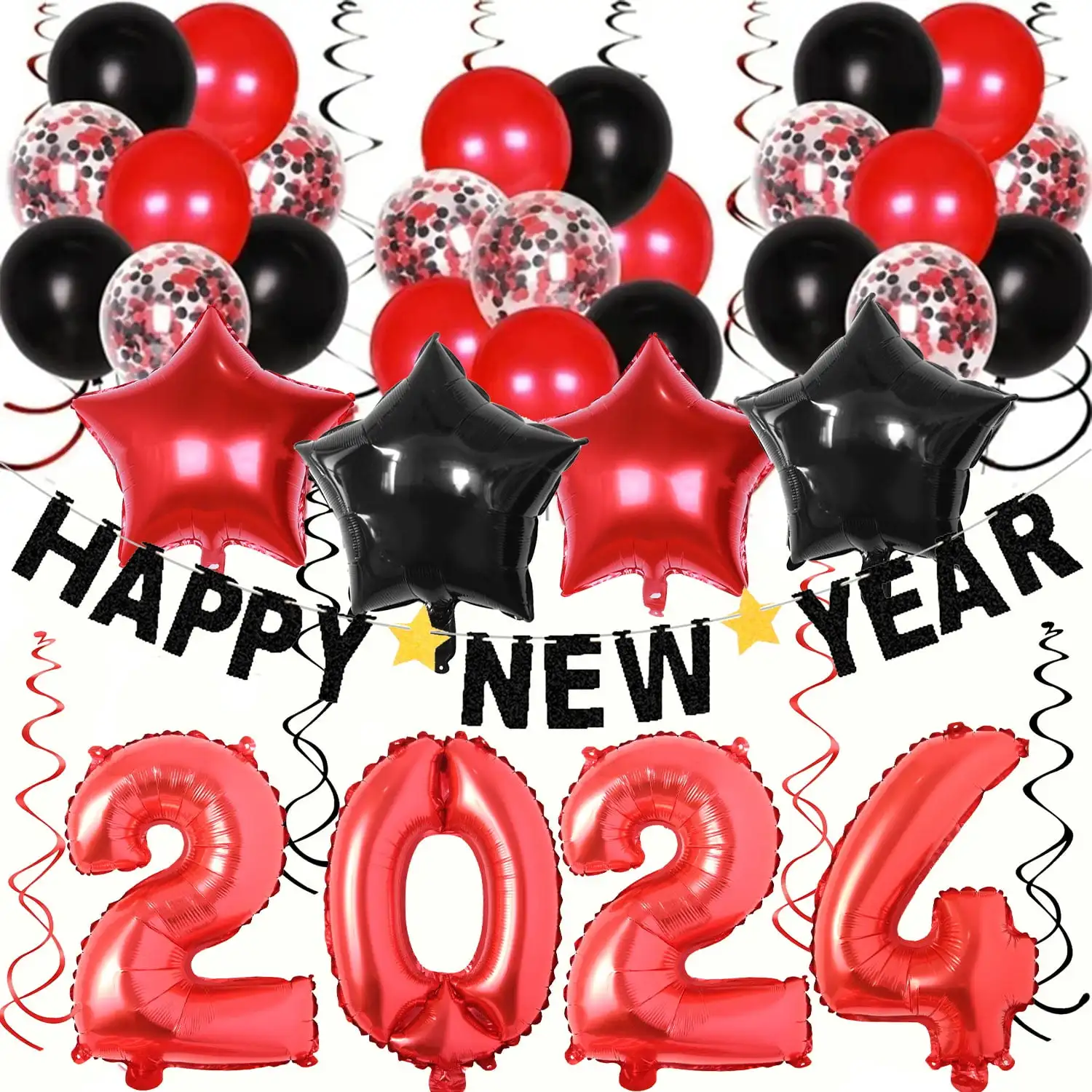 

Happy New Year Eve Party Decor Supplies Red Black 2024 Foil Balloons Happy New Year Banner Star Foil Balloons Hanging Swirls