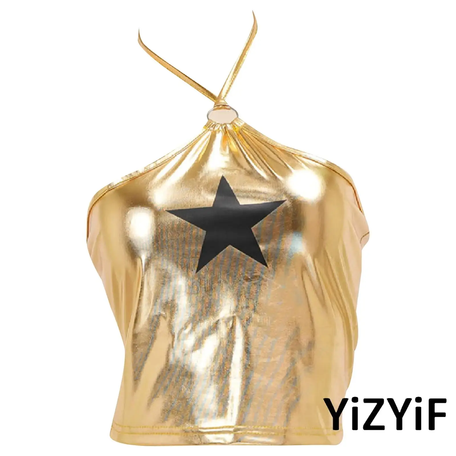 

Womens Star Printed Crop Top Metallic Shiny O-ring Halter Sleeveless Anime Style Camisole Vest for Jazz Disco Dance Rave Party