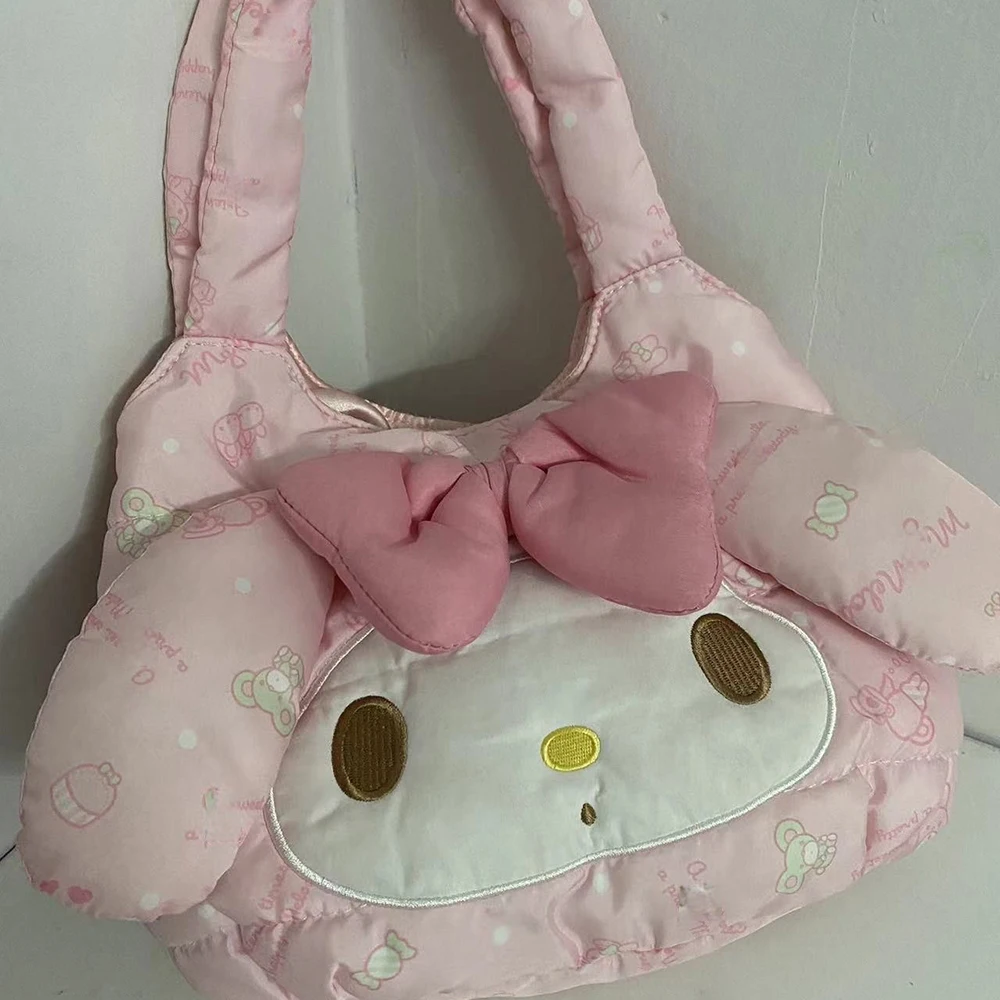 New Miniso My Melody Shoulder Bag Cute Soft Cotton Down Tote Y2k Girl Sweet Pink Girl Large Capacity Dopamine Crossbody Bag