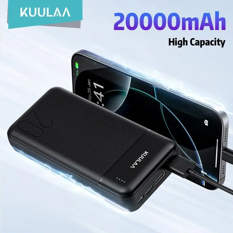 KUULAA Power Bank 20000 мАч для iPhone серии Xiaomi Samsung POCO с двойным выходным портом, светодиодная лампа, внешняя батарея с быстрой зарядкой