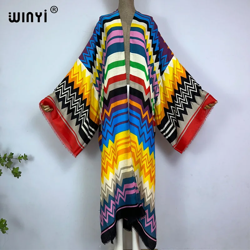 WINYI kimono summer Women Camellia print Long Sleeve Cardigan Female Loose beach Cover Up boho dress Streetwear holiday kimono