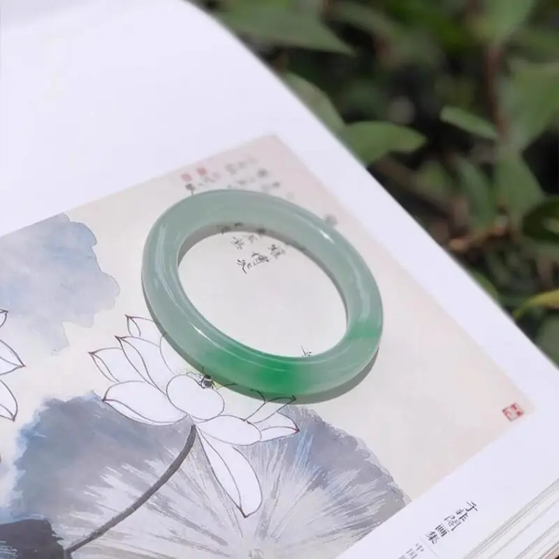 Ice round , light with bright green patterns, peace bangle, Burmese jade from an old mine, suitable for gifting
