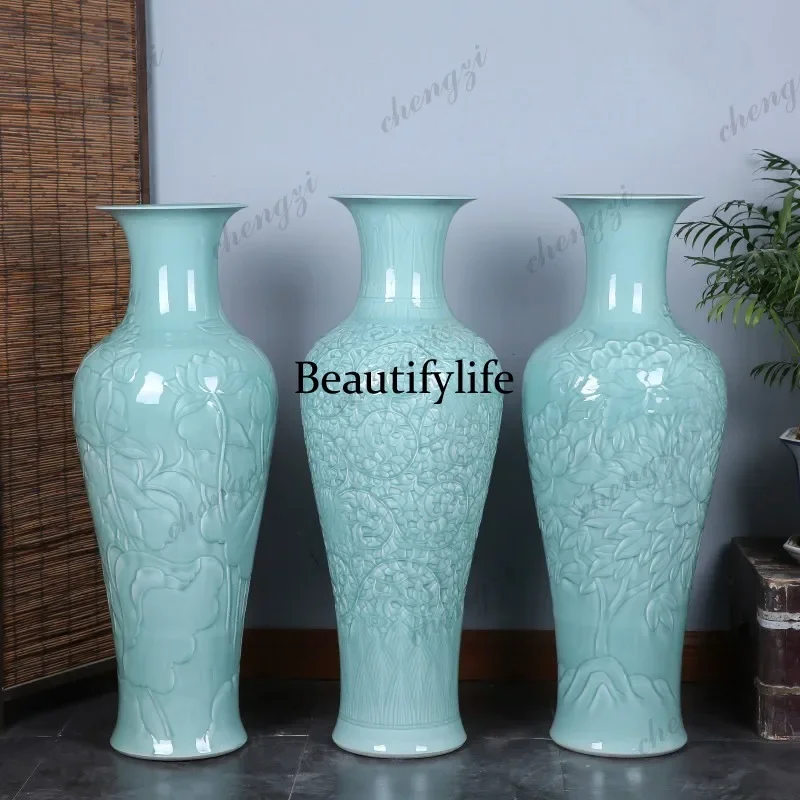 Monochrome glaze floor-to-ceiling large vase home furnishing living room simple and beautiful decoration office celadon ornament