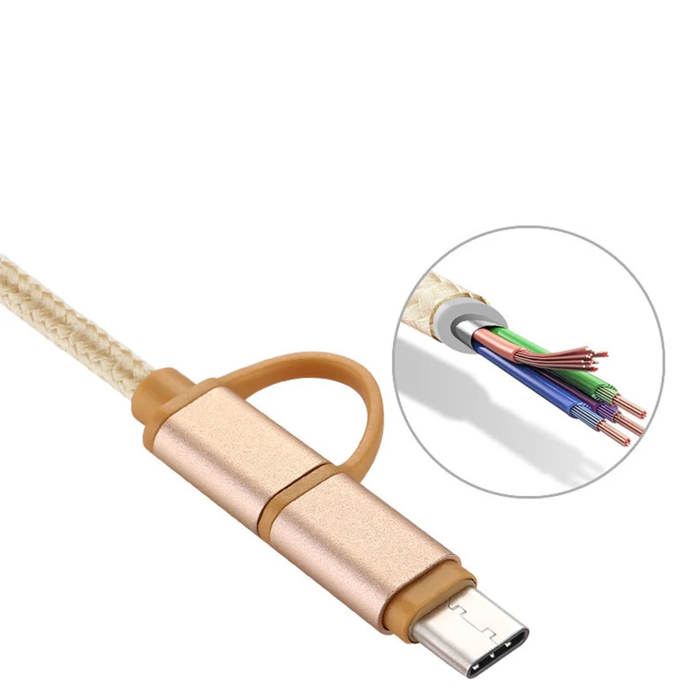 

2 in 1 Type-C Cable Golden Braided USB Durable Wear Resistant Data Transfer for Phone Tablet
