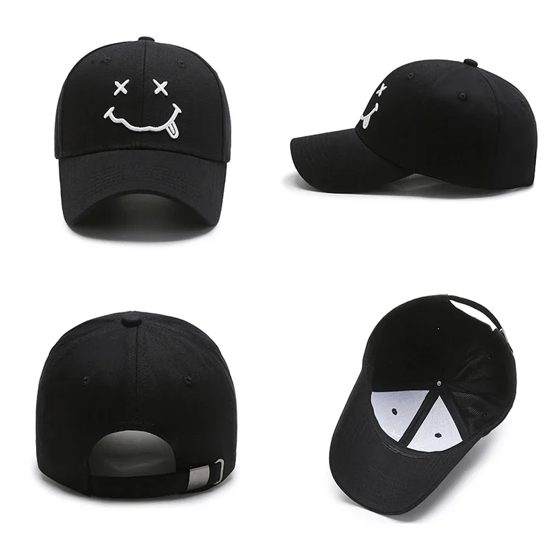 Gorras de béisbol bordadas con cara sonriente para hombre y mujer, gorros de algodón negro Kpop, Snapback ajustable, gorra de Hip Hop divertida,