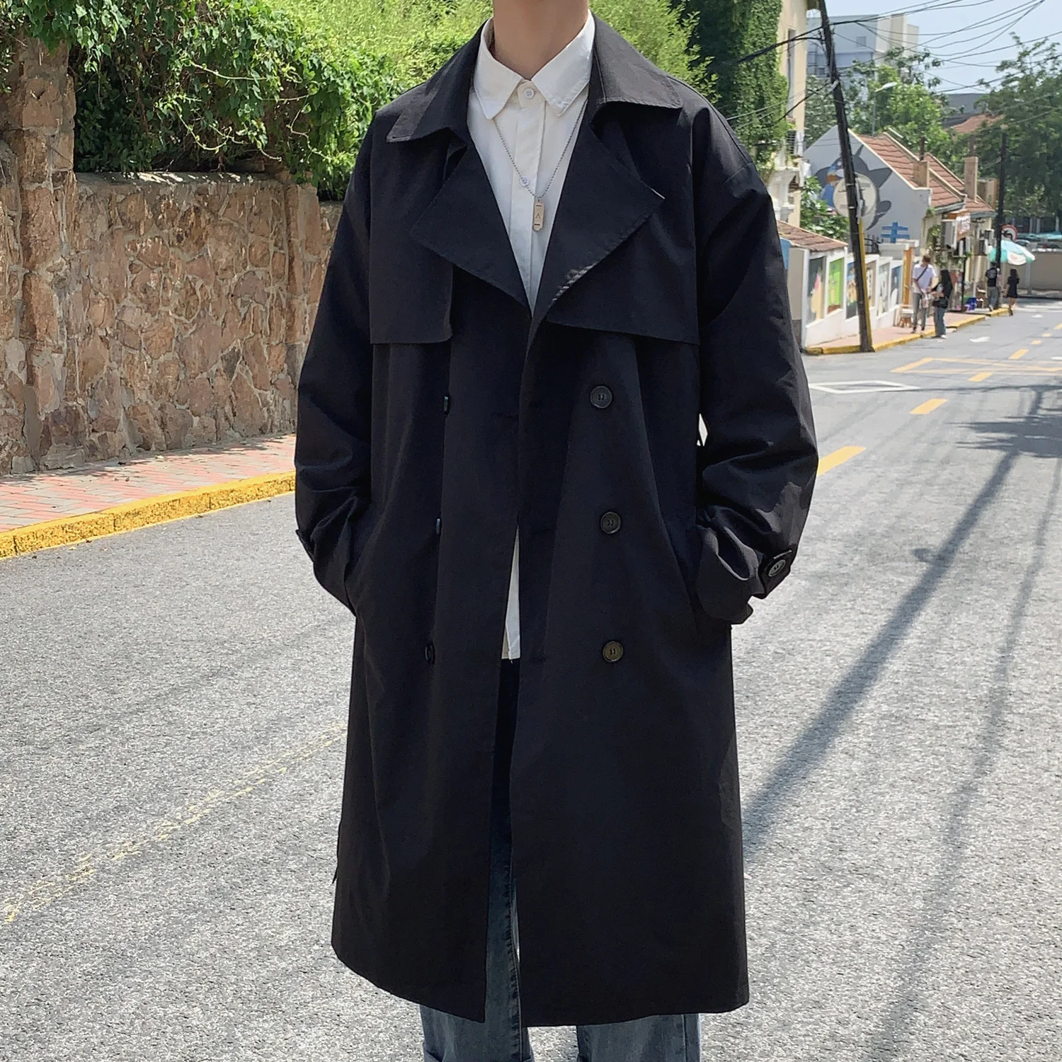 

2023 Korean style Spring Trench Coat Male Streetwear Windbreaker Trenchcoat Men Solid Business Casual Loose Long Overcoat