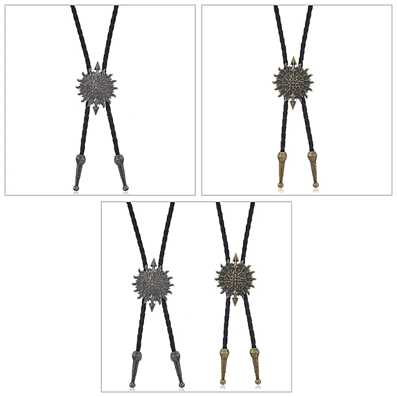 Mens Bolo Tie Necktie Artificial Leather Braided Rope Necklace with Metal Sun and Pendant Jewelry Cowboy Drop shipping