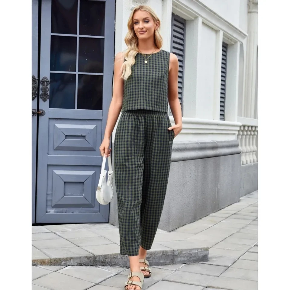 

Fashion Printed Plaid Sleeveless Women's Pants Set Spring Summer Relaxed Vest Nine Point Pants Home Wear Female 2 Piece Set 2025
