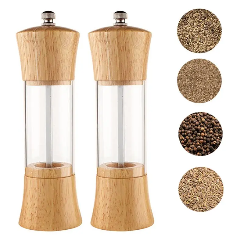 Oak Wooden Salt and Pepper Grinder Set Manual Spice Pepper Mills With Acrylic Visible Window BBQ Shakers Pepper Grinder Set Tool