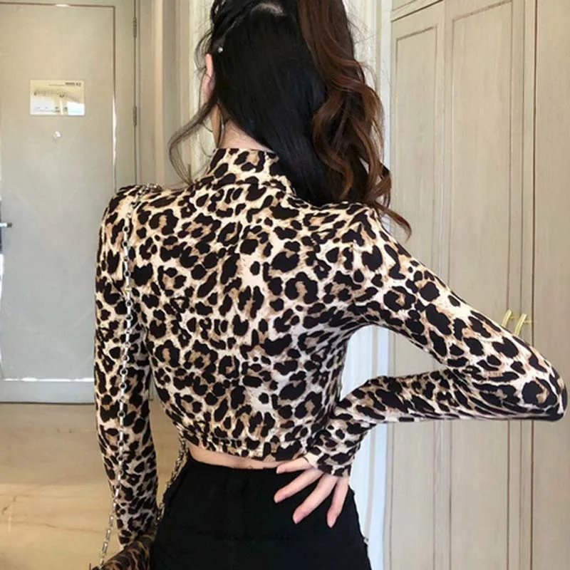 Top corto a maniche lunghe Slim a collo alto con stampa zebrata leopardata da donna primavera autunno