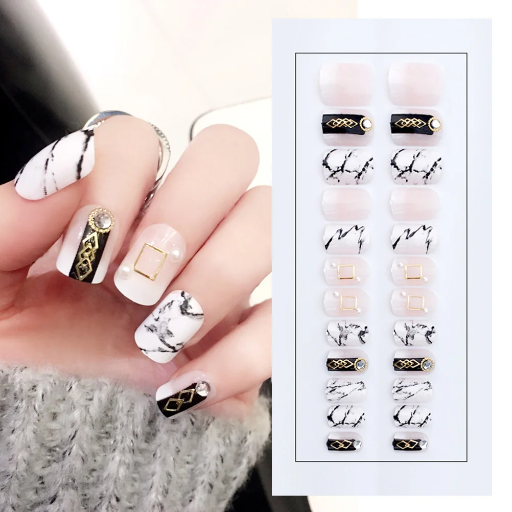 

24Pcs Fashion Marble False Nails Full Cover Medium Length Elegant Black Fake Nails Women Nail Tips Artificial Diamond