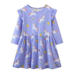Jumping Meters Unicorn Print Long Sleeve Dress for Girls Baby Clothes Party Frocks Costume Autumn Spring Kids Clothing Frocks