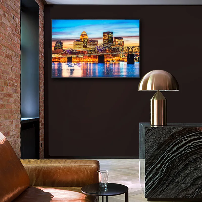 Modern City Landscape Canvas Crystal Porcelain Framed Decorative Hanging Painting for Living Room Hotels & Restaurants
