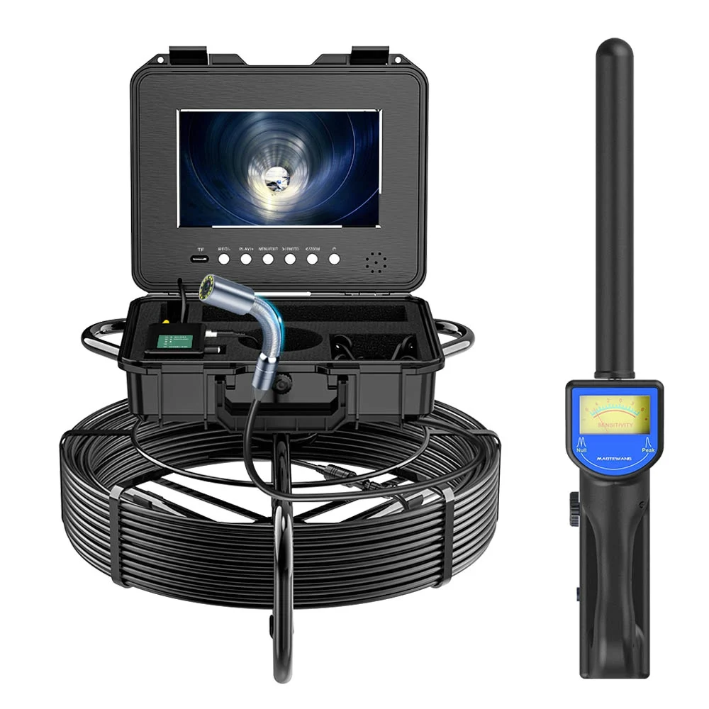 7MM Fiberglass Cable Sewer Pipe Inspection Camera 10.1 Inch IPS 1080P 50M and Meter Counter+ 512HZ Locator Video+Audio Record