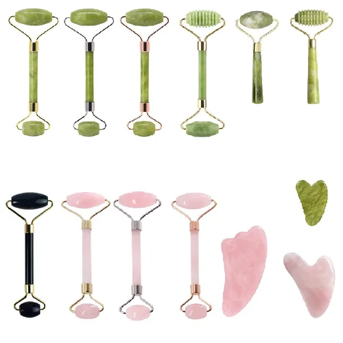 Imagen 1 del producto Masajeador facial con rodillo de jade de cuarzo natural con tablero guasha, kits verdes, rosas y negros para masaje con rodillo para cara y cuello