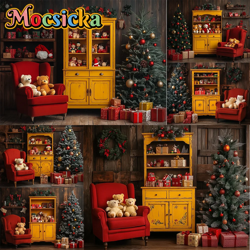 

Mocsicka Photography Backdrop Red Sofa Toy Bear Christmas Decoration Family Xmas Holiday Portrait Backgrounds For Photographs