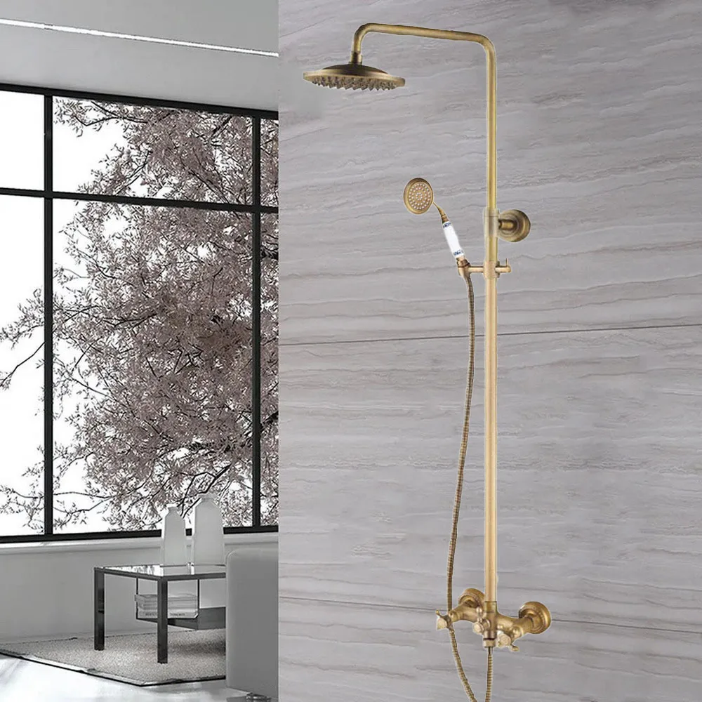 

Antique Brass Wall Mounted Bathroom Dual Handles 8" Inch Rain Shower Head Faucet Set Bath Mixer Tap ars825