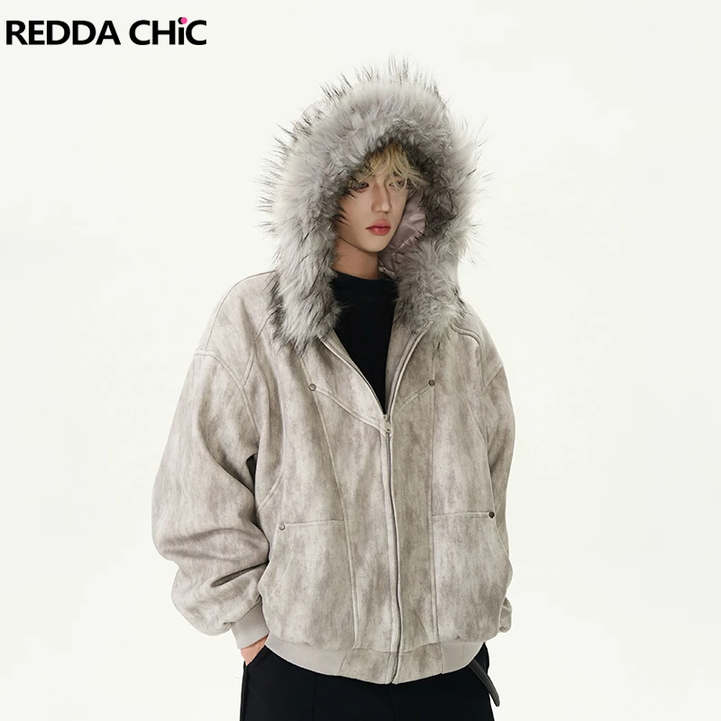 

REDDACHIC Ретро пальто оверсайз с капюшоном из искусственного меха, мужское пальто с заклепками и карманами на молнии и галстуком-краской, хлопковая стеганая куртка, плотная зимняя верхняя одежда Y2k