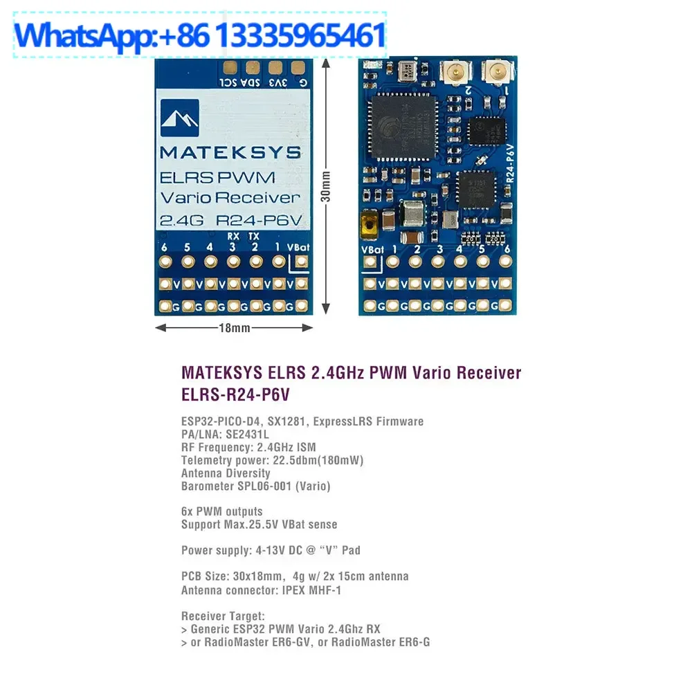 

MATEK ELRS-R24-P6V 2.4GHZ PWM Variable Receiver with Barometer Model Aircraft FPV Crossing Machine