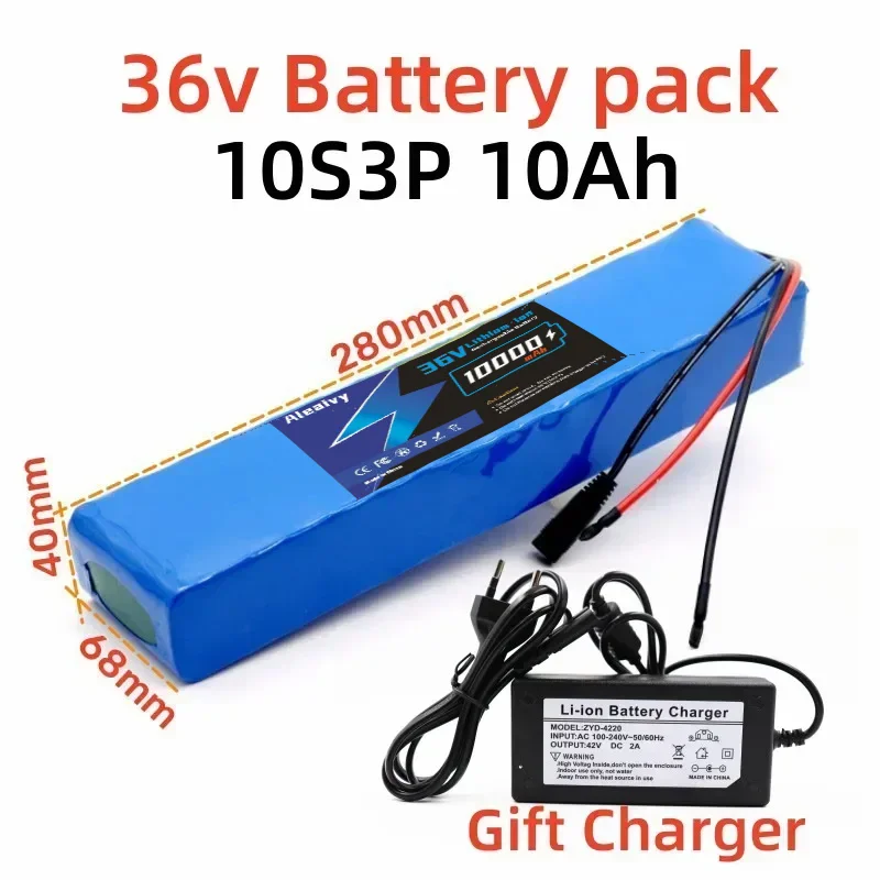 ALeaivy 36V 10Ah  Rechargeable Li-Ion Battery Pack 10S3P With Charger Fit for High Power  /Scooter/Motorcycle Parts