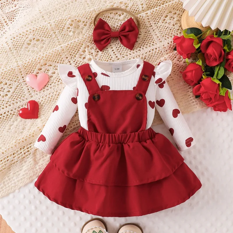 Baby Girl New Spring Summer Autumn Love Crawler Strap Skirt Set Wine Red Sweet Baby Clothing Set