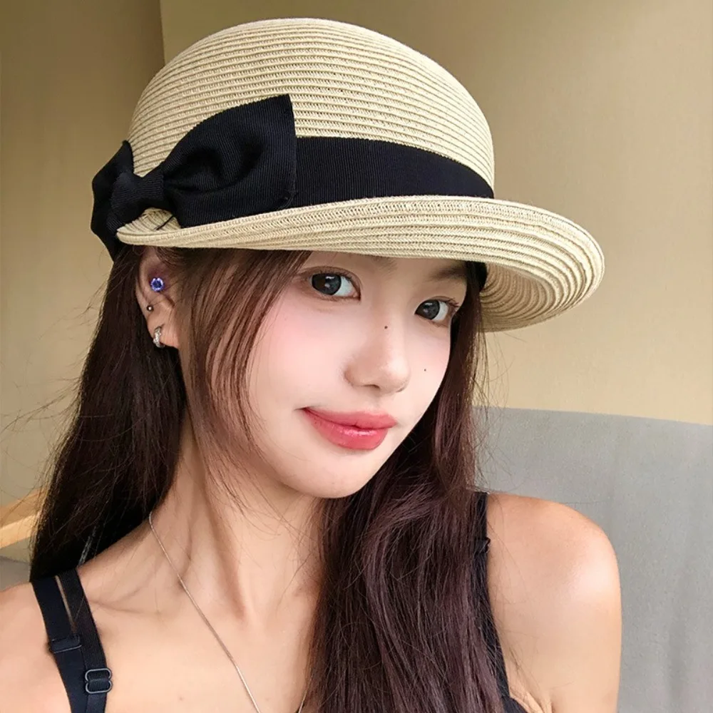 

Trendy Elegant Woven Straw Cap Summer Sun Protection Bow Straw Cap French Casual Equestrian Hat Women