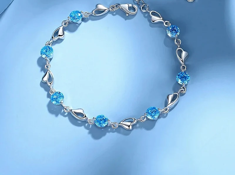 Luxury S925 Sterling Silver Love Bracelet Purple Blue Zircon Crystal for Women Party Engagement Jewelry Gift