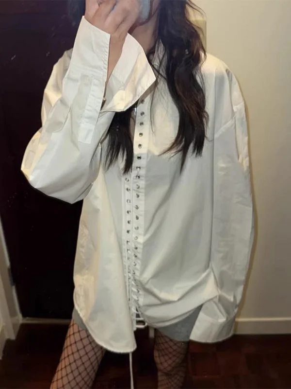 Início da primavera faion branco irt feminino casual wear multi-estrutura rebite perfuração camada rua sle frente ort ba longo