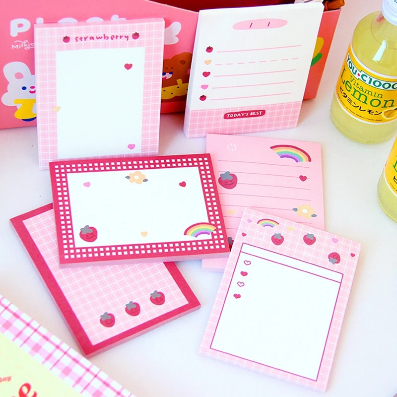 50 Sheets Cute Pink Strawberry Memo Pad Kawaii Stationery Non Sticky Notes Portable Notepad School Office Supply Papeleria