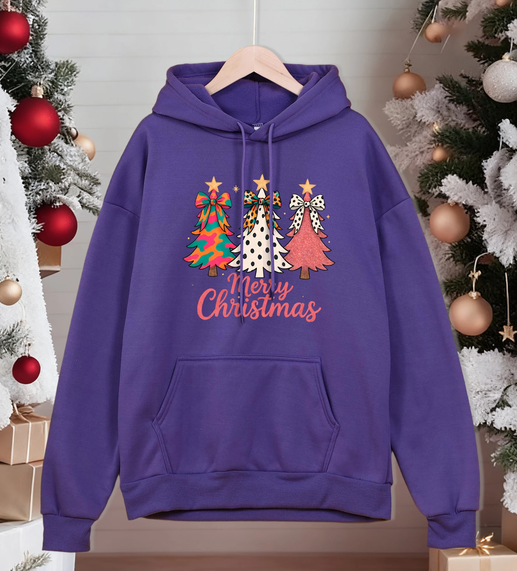 عيد ميلاد سعيد أشجار القوس الملونة طباعة هوديس الرجال الصوف المتضخم الشارع الشهير كل مباراة جيب هودي الخريف ملابس كاجوال