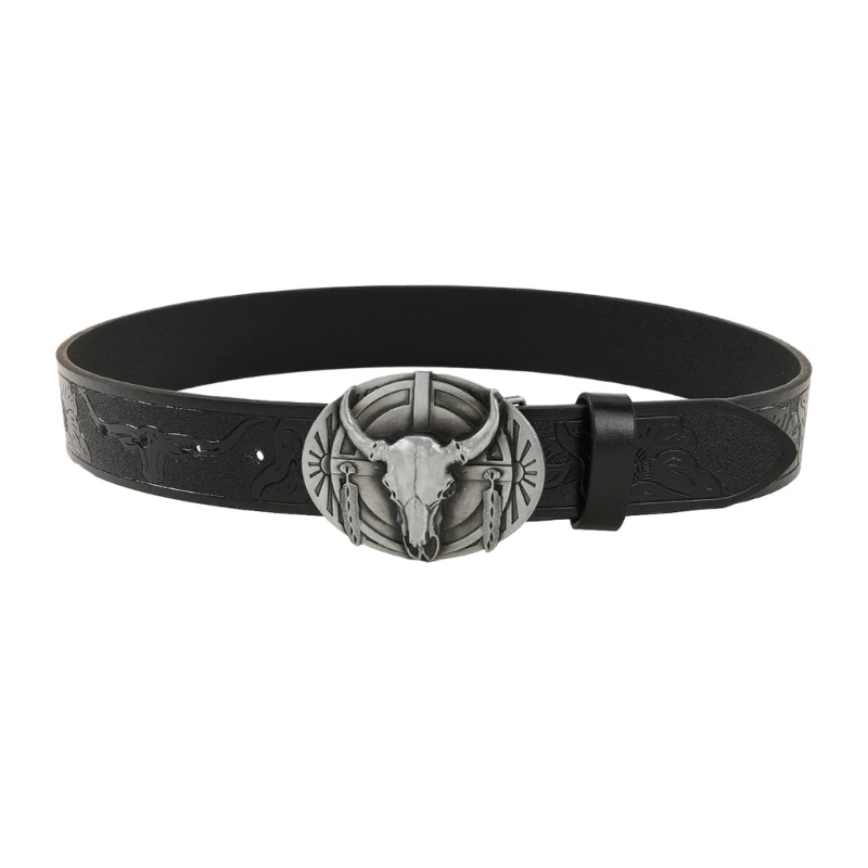 

Western Style Man Waist Belt with Embossed Pattern Relief Bull Head Buckle Waist Belt Universal Dresses Coat Waistband