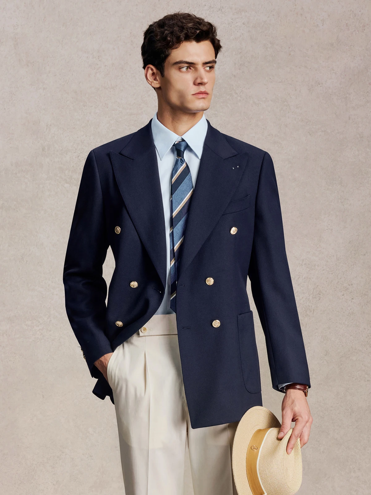 Men's 100% High Twist Wool Blazer – Double Breasted Wrinkle Resistant Coat, Heavyweight Navy Blue Suit Jacket for Fall Winter
