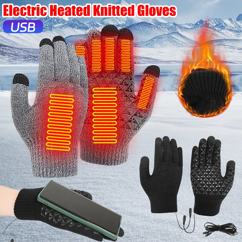 USB Heated Knitted Gloves Electric Constant Temperature Winter Hand Warm Gloves Heated Knitting Constant Mitten for Men Women