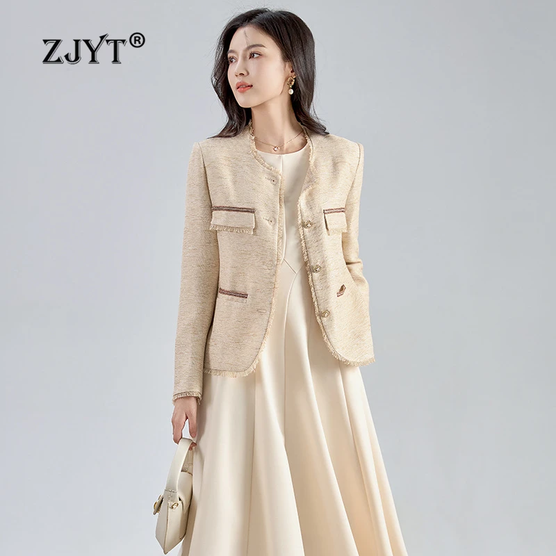 ZJYT Autumn 2024 Fashion Women\'s Tweed Woolen Jackets Winter Coats O Neck Single Breasted Outerwears Long Sleeve Veste Femme