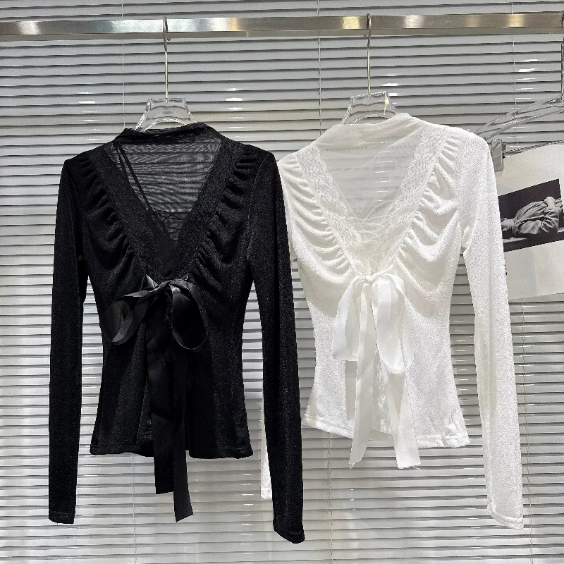 Women Lace Splicing Deep V Back Tops Long Sleeve Ruched Bow Tie Sheer Mesh Sexy Elegant Party Y2K Black White T-shirts 2026 New