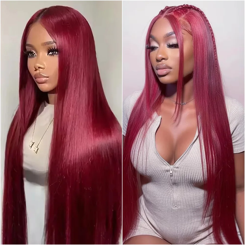 

99j Burgundy 200% Lace Front Human Hair Wig 34 40 Inch 13x4 13x6 HD Transparent Straight Lace Colored Red Frontal Wigs For Women