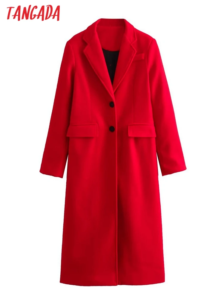 Tangada 2023 Women Thick Warm Red Long Woolen Coat Long Sleeve Female Overcoat IE02