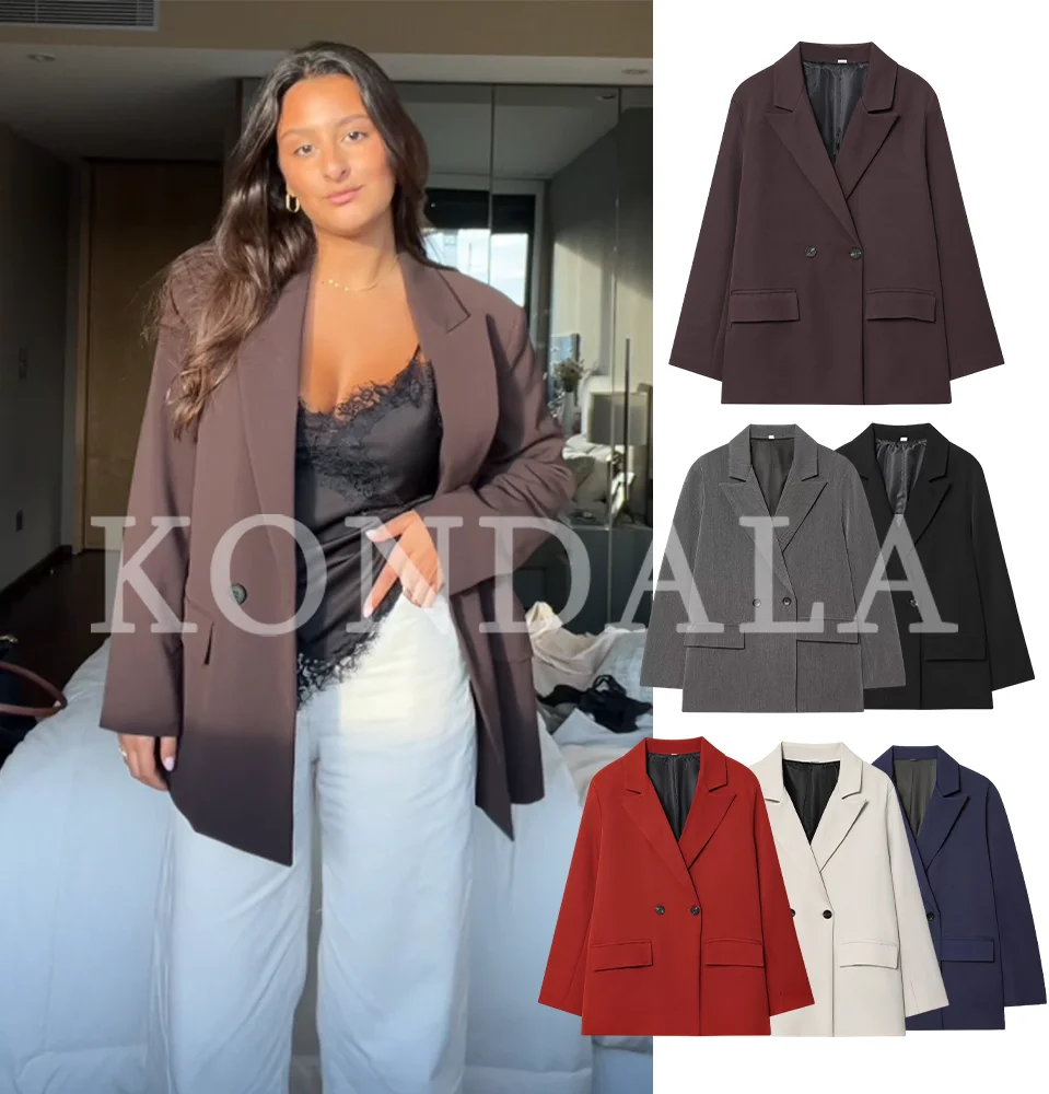KONDALA Blazer Élégant Croisé pour Femme, Tendance, Col Revers, Printemps-Été 2026, Style Minimaliste pour le Bureau