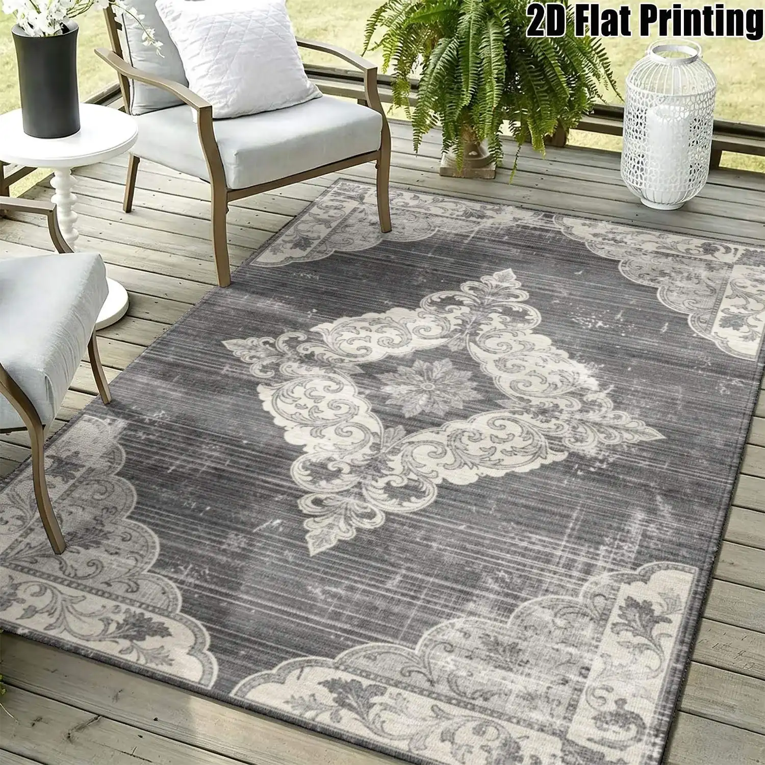 1Pc 2D Printed Carpet: Gray Base, White Patterns, Vintage/European/Bohemian Geometric Style, Home Decor, Multiple Sizes, Machine Washable, Suitable for Entrance/Dining Room/Foyer/Bedroom/Living Room