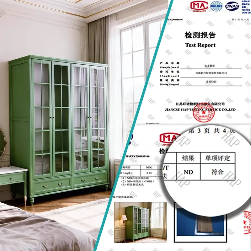 American Solid Wood 4 Door Wardrobe Retro Green Large Capacity Glass Door Finished Closet Customizable for Home Use