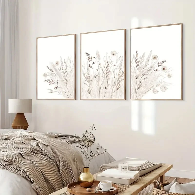 

3pcs/Set Bohemian-style Floral Canvas Wall Art Printed Wildflowers, Modern Simple Plant Living Room Room Home Decoration Poster